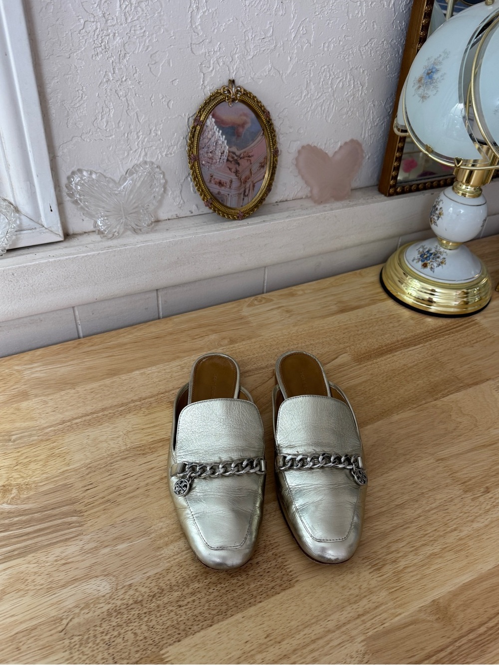 Tory Burch Metallic Silver Leather Chain Loafer Mules Size 7 Classic Minimalist
